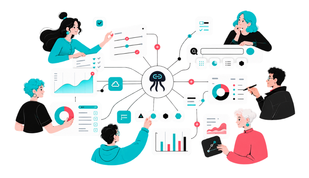 Jellylink Discover catalog showing tool cards with logos, categories, pricing, and actions