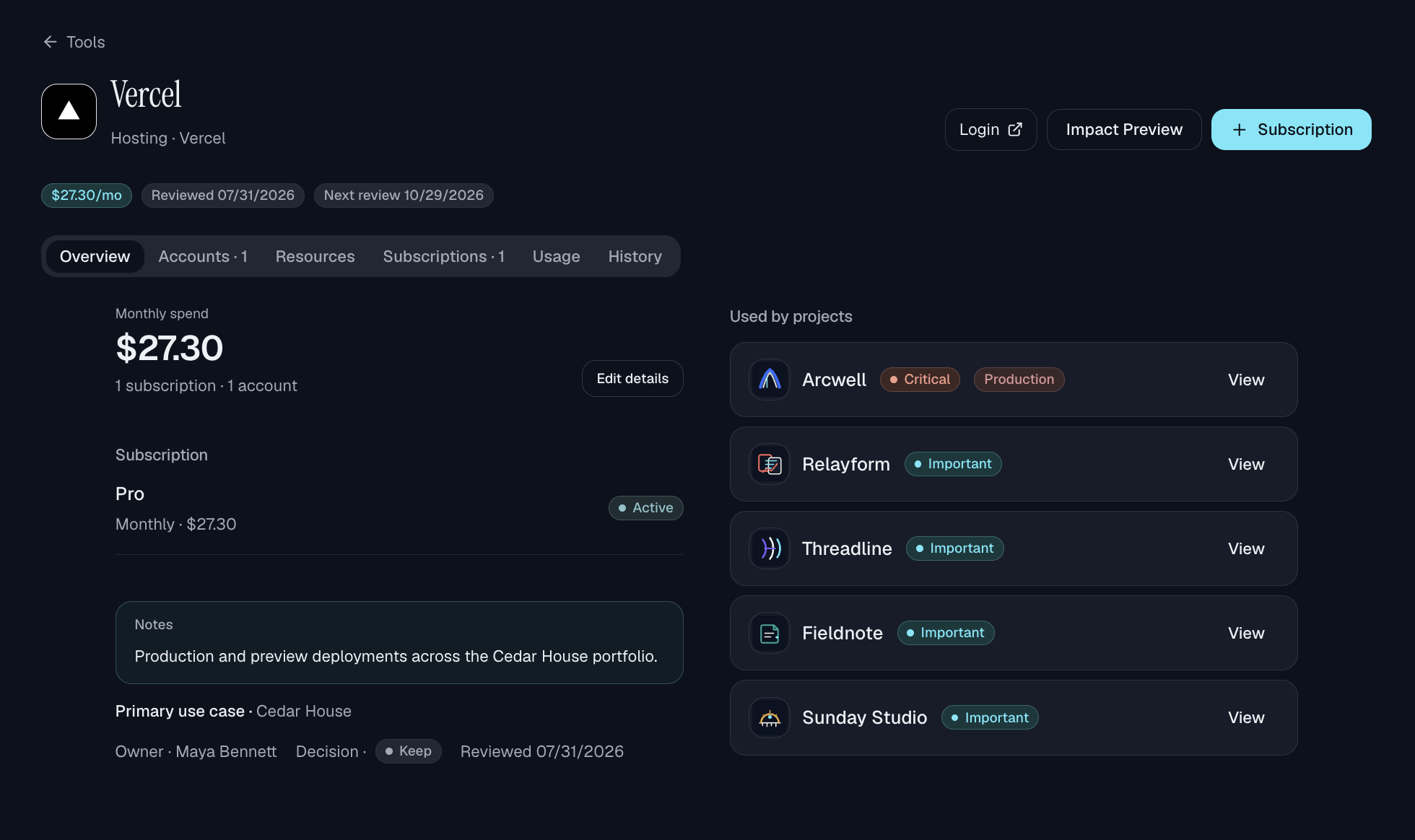 Vercel in Jellylink showing monthly spend, subscription, notes, and linked projects